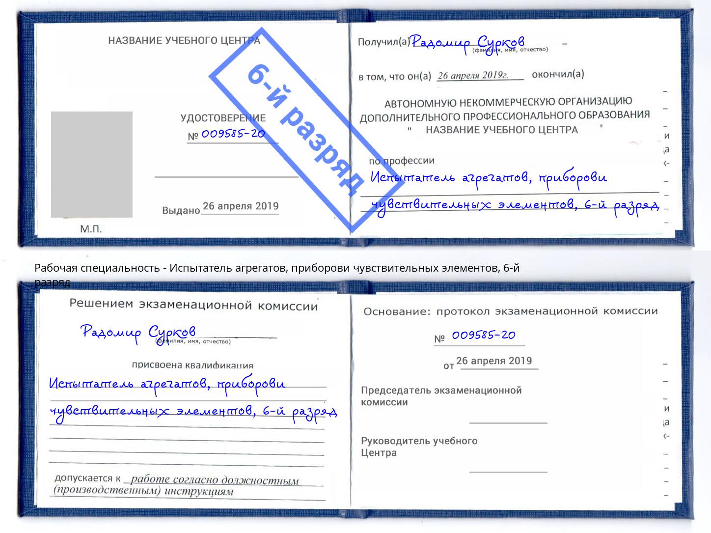 корочка 6-й разряд Испытатель агрегатов, приборови чувствительных элементов Пыть-Ях