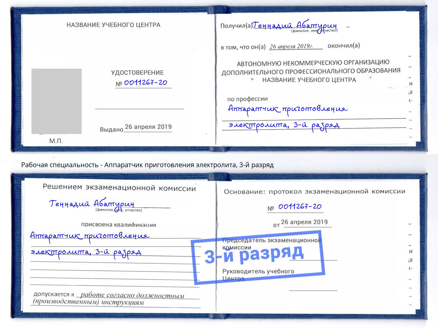 корочка 3-й разряд Аппаратчик приготовления электролита Пыть-Ях
