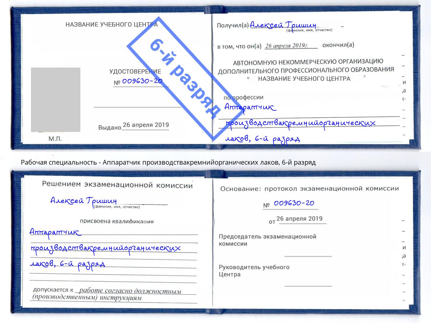 корочка 6-й разряд Аппаратчик производствакремнийорганических лаков Пыть-Ях