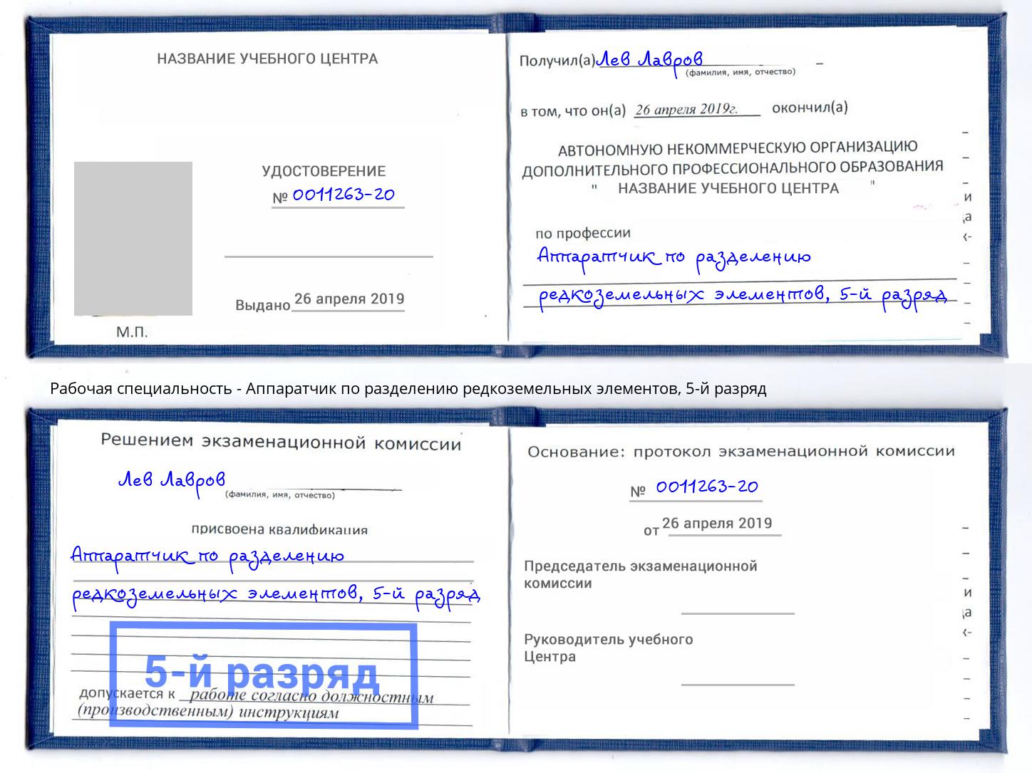 корочка 5-й разряд Аппаратчик по разделению редкоземельных элементов Пыть-Ях